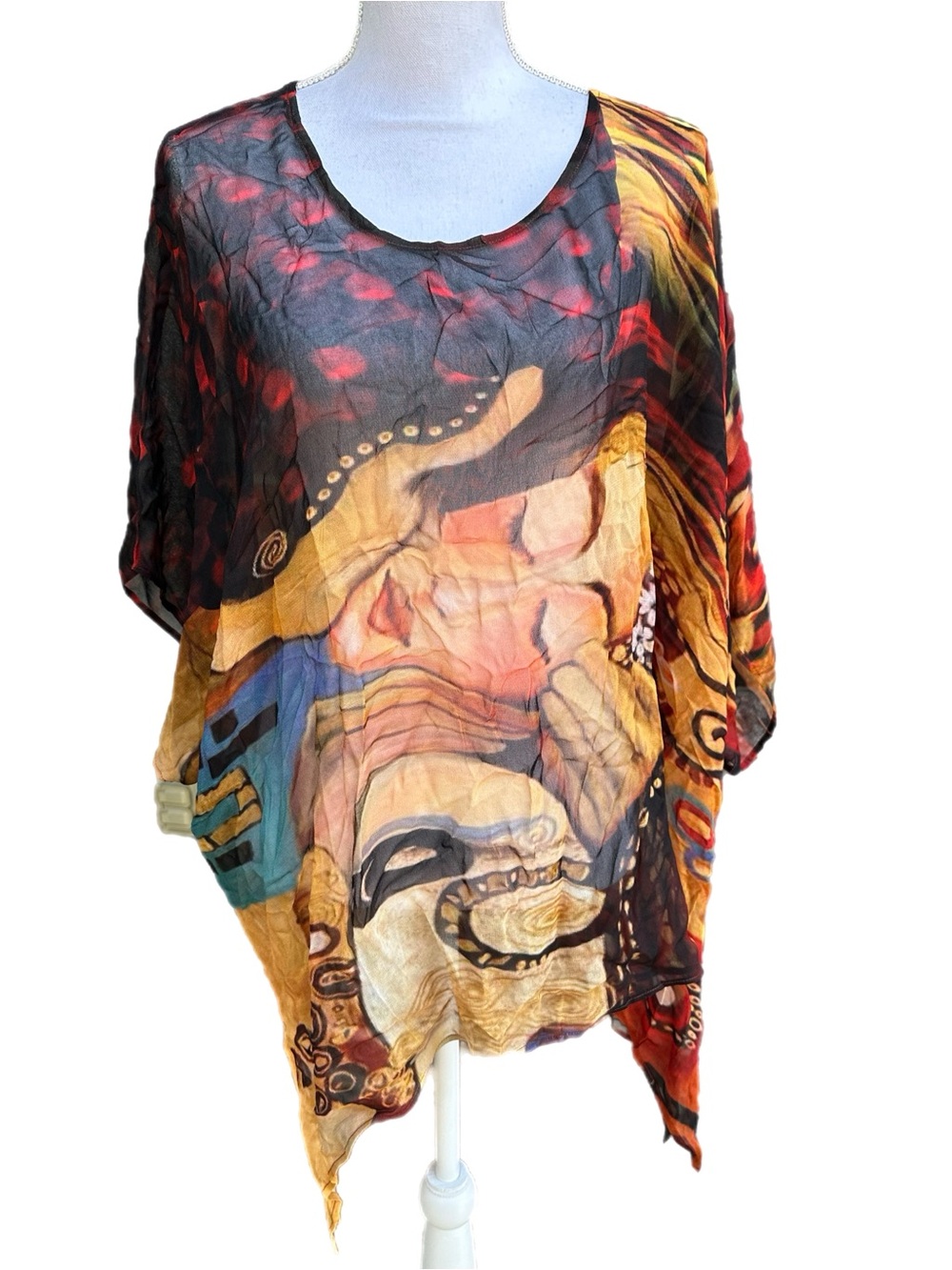 NWT Sterling Styles Women’s Multicolor Art-Print Sheer Tunic Top
